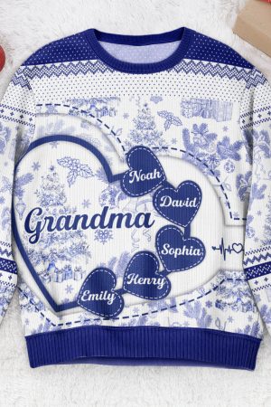 Grandma With Hearts Grandkids' Names - Toile De Jouy Style - Personalized Ugly Sweater