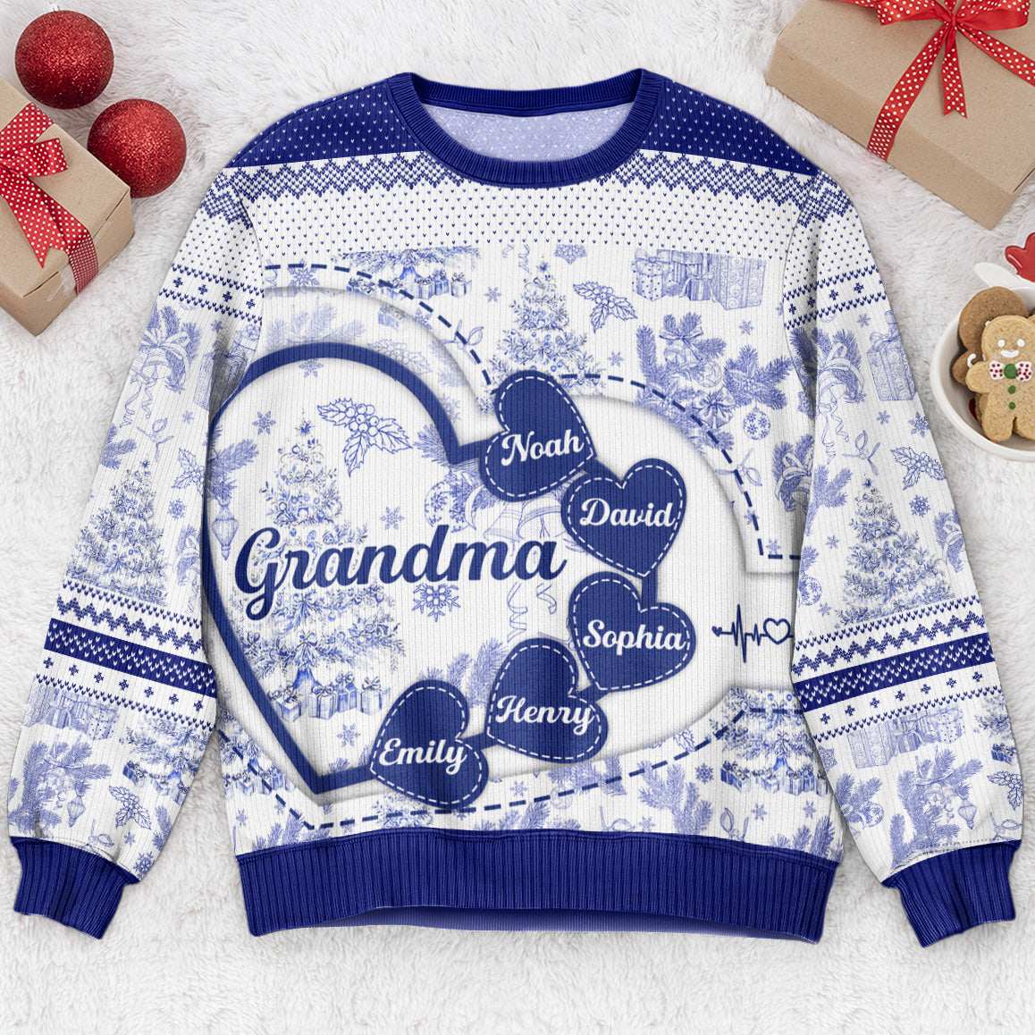 Grandma With Hearts Grandkids' Names - Toile De Jouy Style - Personalized Ugly Sweater