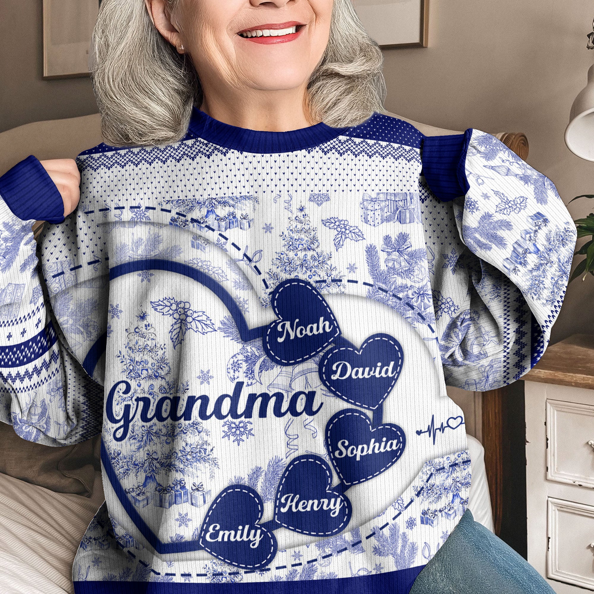 Grandma With Hearts Grandkids' Names - Toile De Jouy Style - Personalized Ugly Sweater - Image 2