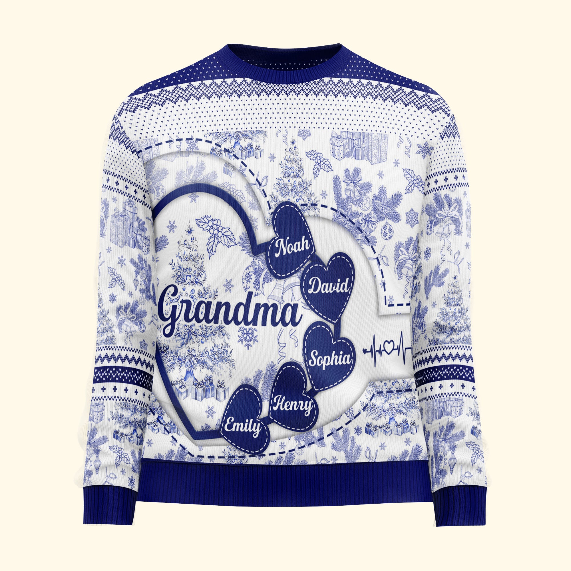 Grandma With Hearts Grandkids' Names - Toile De Jouy Style - Personalized Ugly Sweater - Image 4