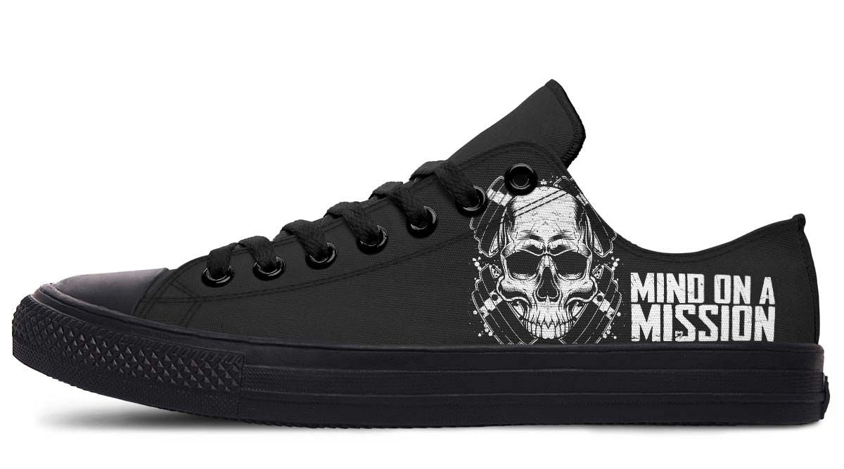 Mind On The Mission Skull Black Low-Top Sneakers - Tactical Edgy Style