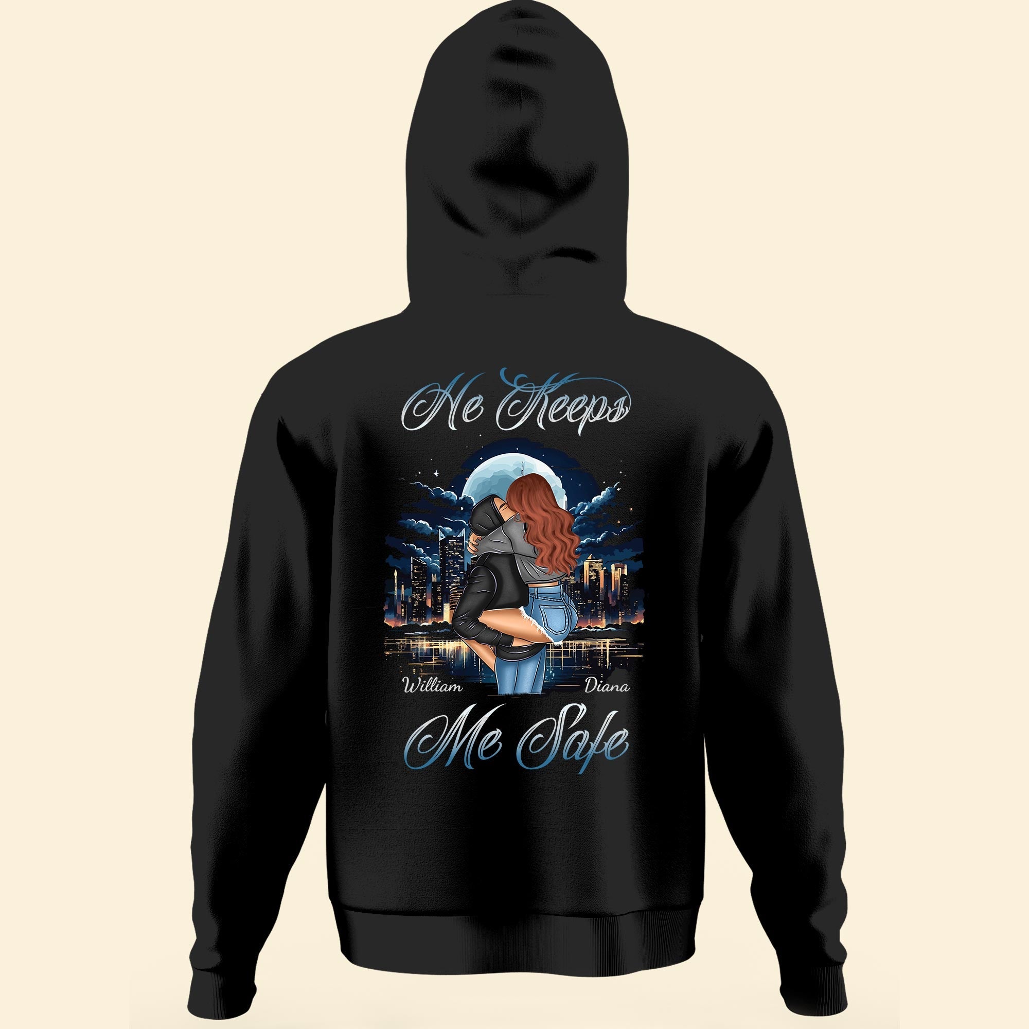 She Keeps Me Wild He Keeps Me Safe - Personalized Matching Couple Back Printed Hoodies - Image 2