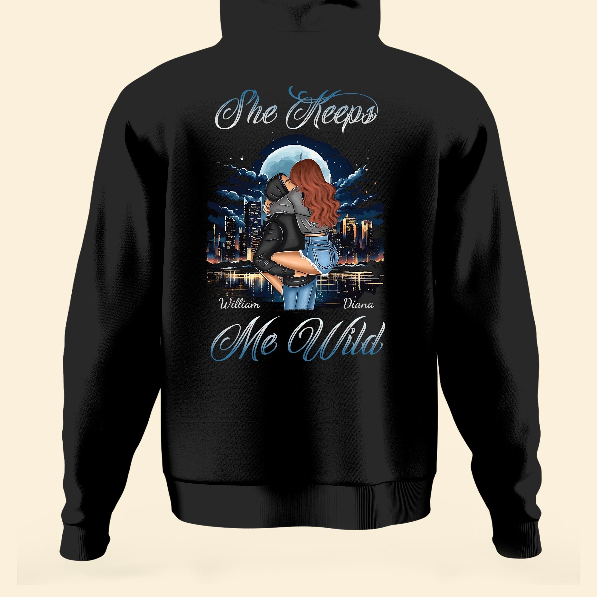 She Keeps Me Wild He Keeps Me Safe - Personalized Matching Couple Back Printed Hoodies - Image 3