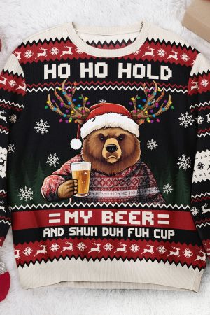 Ho Ho Hold My Beer, Bourbon, Wine And Shuh Duh Fuh Cup - Personalized Ugly Sweater
