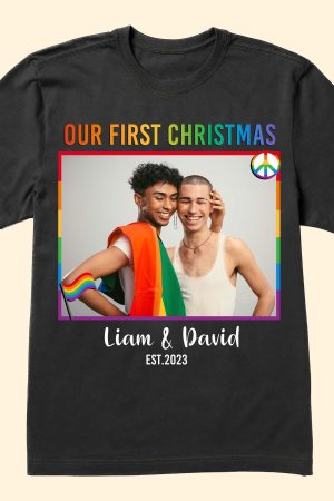 LGBT Couple Our First Christmas - Personalized Photo Matching Couple Shirt